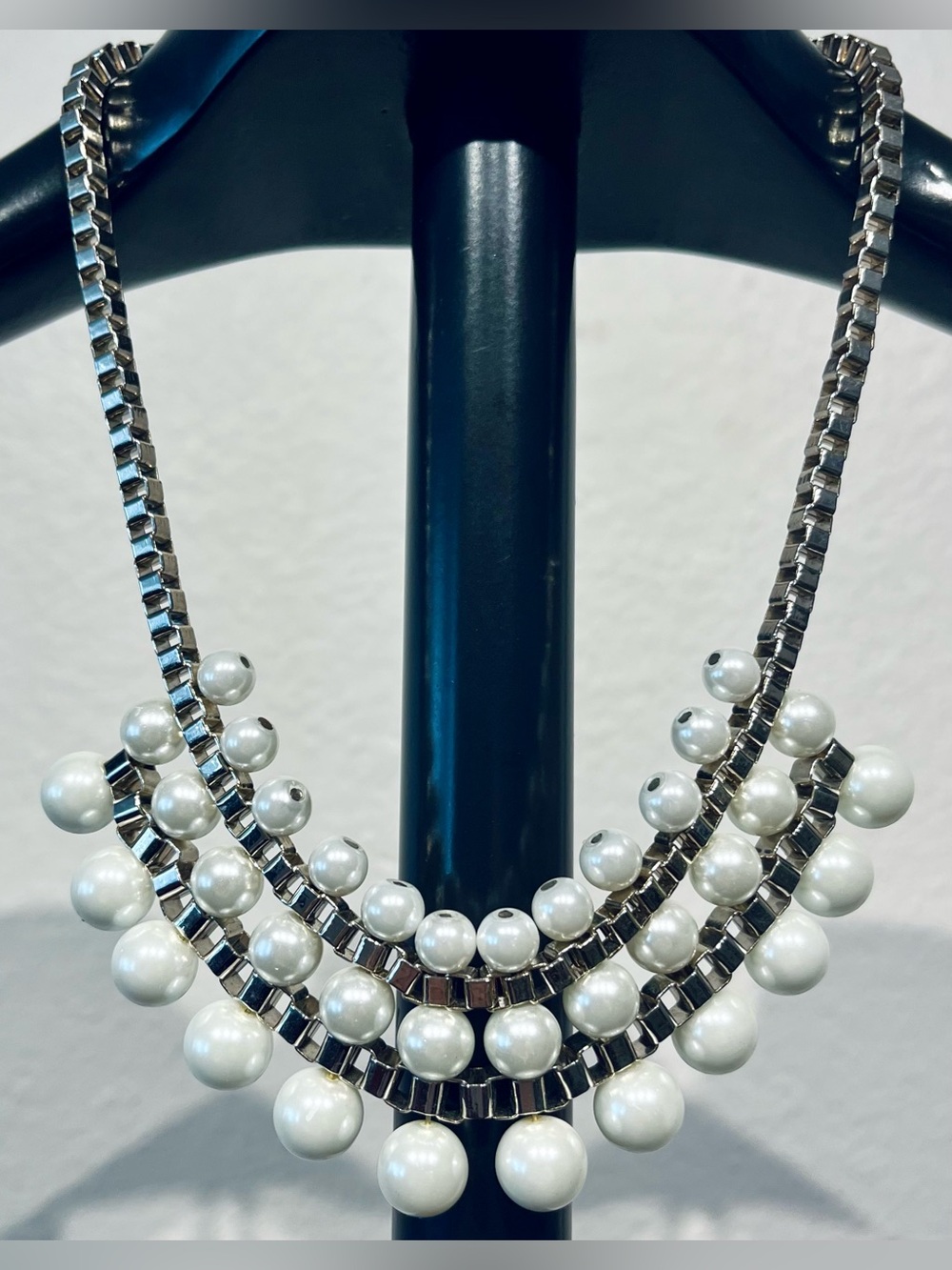 French Connection Silver Tone Faux Pearl Statement Necklace